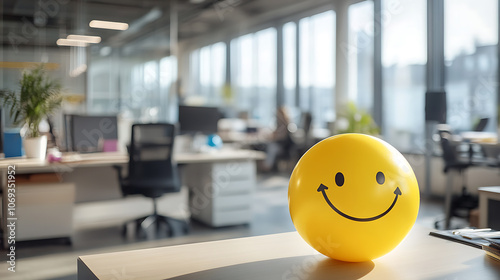 Positivity in the workplace demonstrated by a yellow smiling ball in the office interior, promoting a positive work environment and inspiring corporate culture