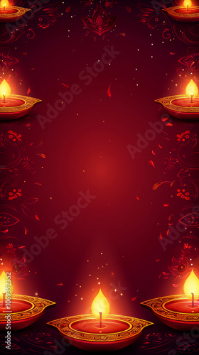 Diwali Vertical Background with Glowing Diyas on a Red Background, Perfect for Festive Celebrations