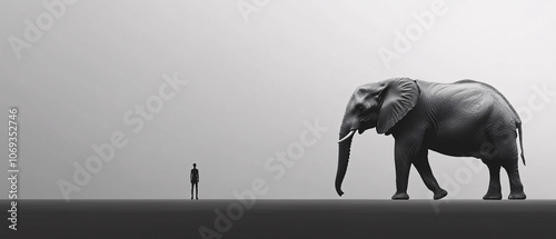 Black and White Photo of a Man Standing in Front of a Large Elephant, Black and White Photo of a Man Standing in Front of a Large Elep photo