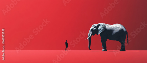 Man Standing Before a Giant Elephant on Red Background  Conceptual Art, Man Standing Before a Giant Elephant on Red Background  Conceptu photo