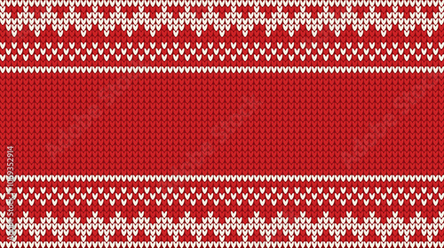 Horizontal knitted red background with white pattern. Winter holiday knitted design. Vector illustration.