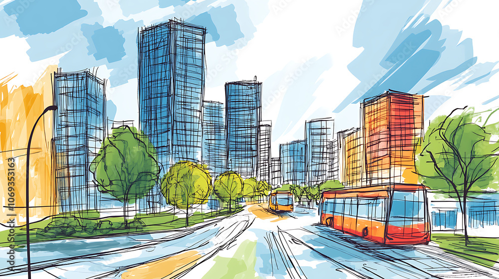 Obraz premium Urban planning sketch highlighting sustainable elements like green spaces, public transportation, and pedestrian zones -