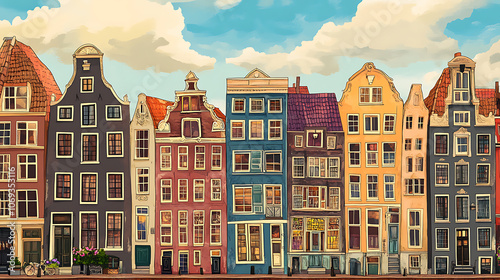 Traditional old buildings in Amsterdam with colorful tulips