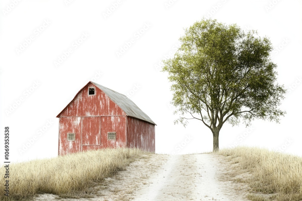 A rustic red barn surrounded by nature, situated on a dirt road A rustic red barn surrounded by nature, situated on a dirt road