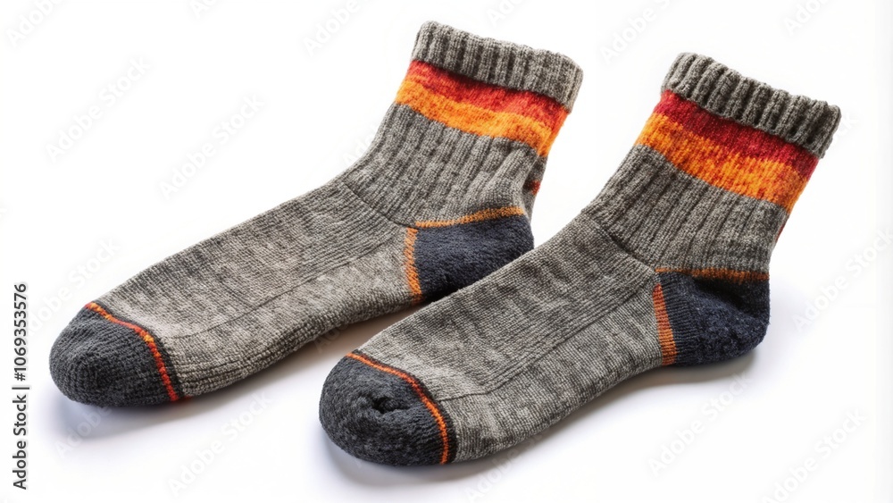 Cozy thermal socks with colorful stripes on white background for comfort and warmth Cozy thermal socks with colorful stripes on white background for comfort and warmth
