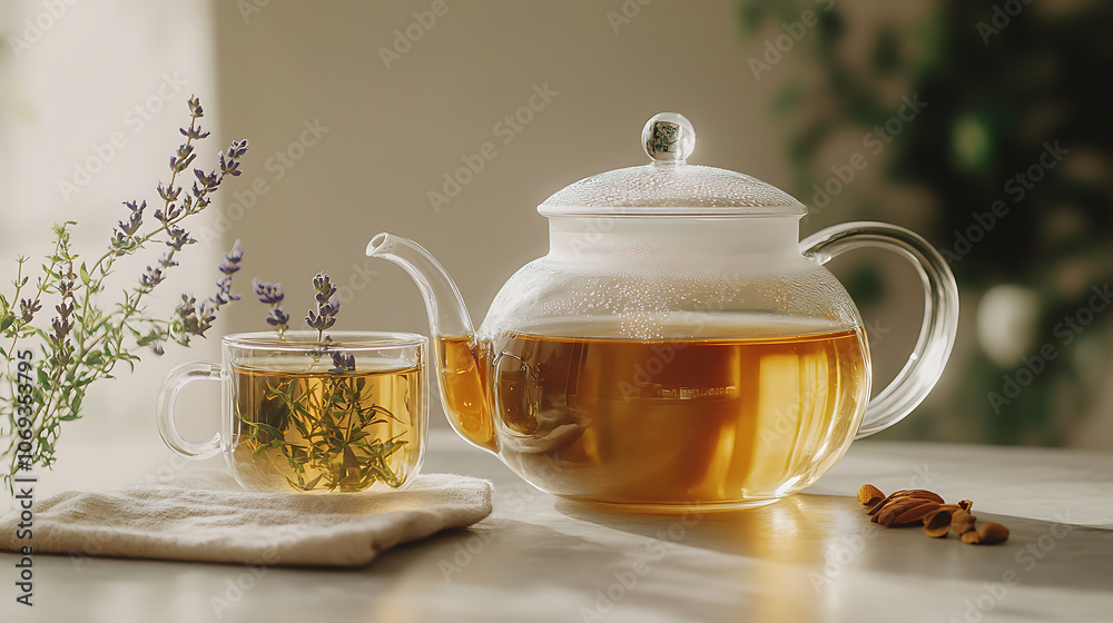Winter herbs and spices tea in glass teapot and mug, alternative medicine for the immune system, herbal hot drink concept Winter herbs and spices tea in glass teapot and mug, alternative medicine for the immune system, herbal hot drink concept