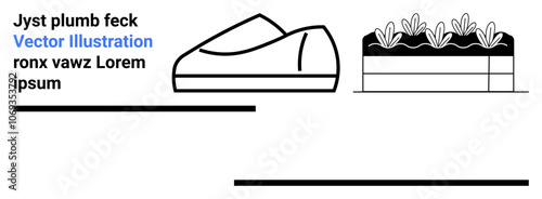 Shoe drawing with clean lines, plant box in side view, abstract placeholder text. Ideal for fashion, footwear, gardening, minimalist art, line art, monochrome aesthetics, website design. Landing page