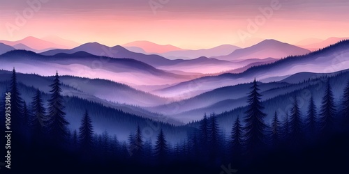 A breathtaking view of layered mountains at dusk, featuring a gradient of warm hues in the sky transitioning to cool, dark silhouettes of evergreen trees in the foreground.