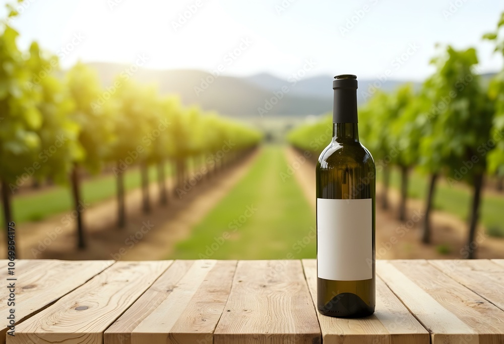Fototapeta premium Empty wood table top with blur background of vineyard landscape in winery. The table giving copy space for placing advertising wine product on the table along with beautiful winery vineyard background