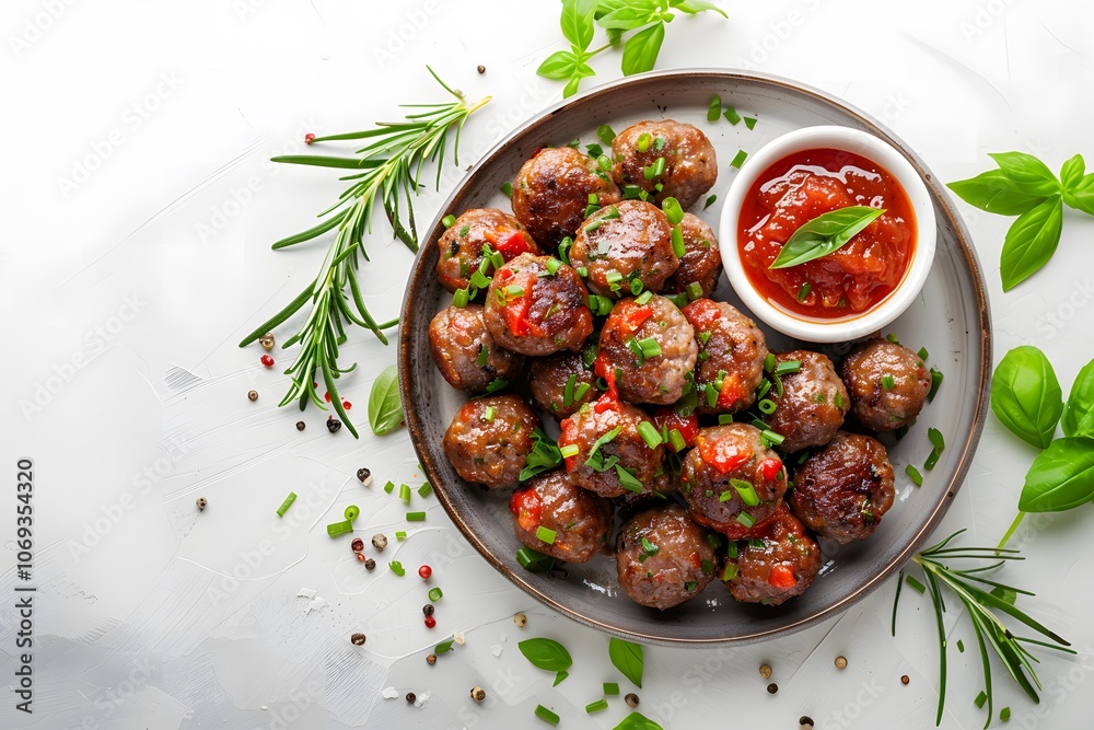 Plate of meatballs with dipping sauce and fresh herbs. Top view food composition on a white background for culinary design and print Plate of meatballs with dipping sauce and fresh herbs. Top view food composition on a white background for culinary design and print