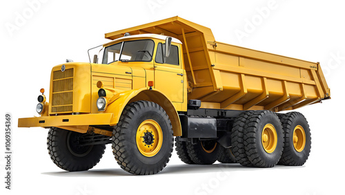 a yellow dump truck with large wheels isolated on a white background.AI GENERATED