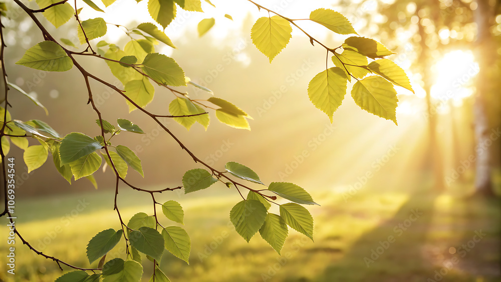 Obraz premium Green leaves on a tree branch with sunlight filtering through