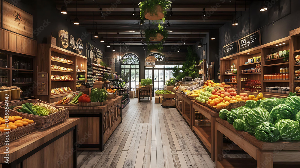 Fototapeta premium wooden wooden table, aisle and grocery store