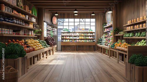 wooden wooden table, aisle and grocery store