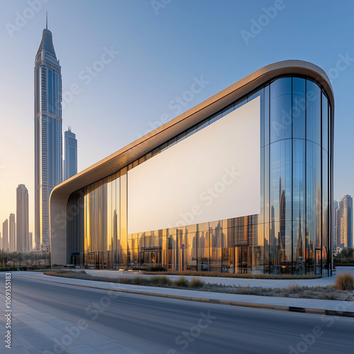 Street banner mockup PSD. Blank billboard on curved glass building with city skyline