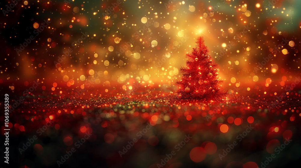 Naklejka premium Christmas red tree background with bokeh effects, in a festive but serene mood