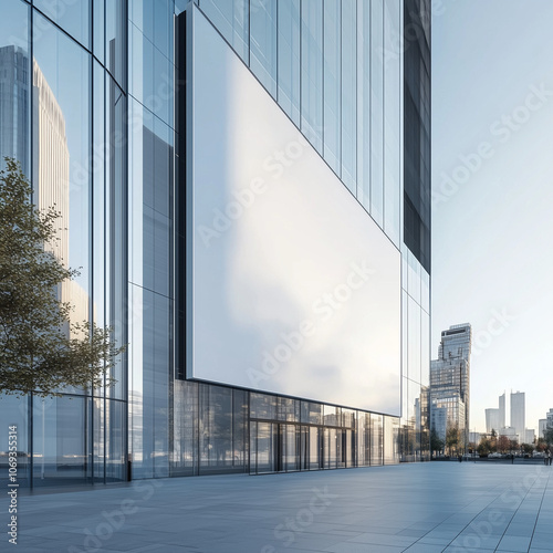 Street banner mockup PSD. Large blank billboard on reflective city building in sunlight