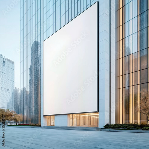 Street banner mockup PSD. Blank billboard on glass skyscraper facade in modern city