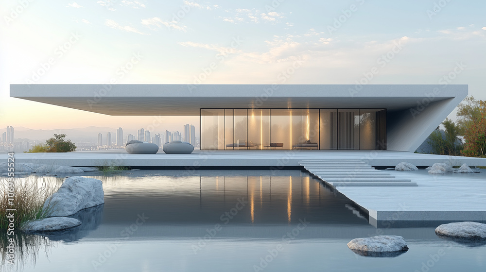 Fototapeta premium Modern minimalist house with reflection pool and city view