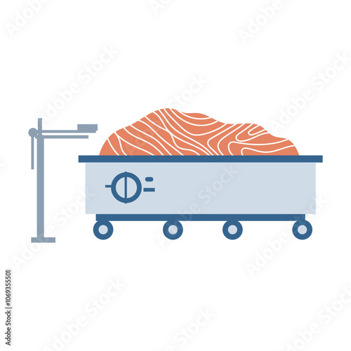 Fish industry in flat design. Salmon meat processing at factory machinery. Vector illustration isolated.