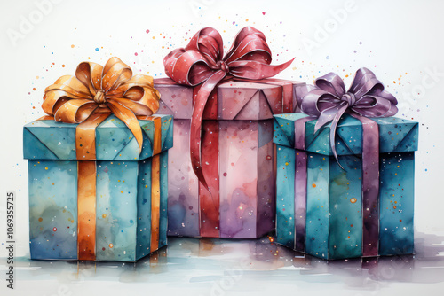Watercolor gifts on a white background, festive atmosphere. AI generative.