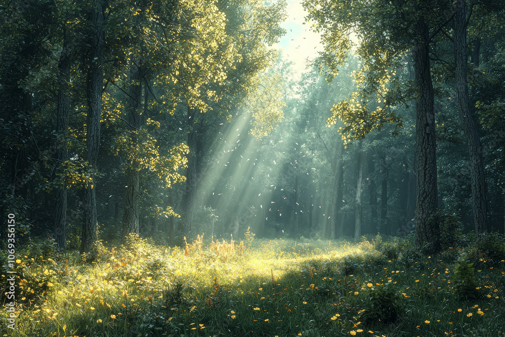 Obraz premium A sunlit forest glade with rays of light filtering through the trees creates a scene of peaceful, natural beauty. Concept of beauty in nature.