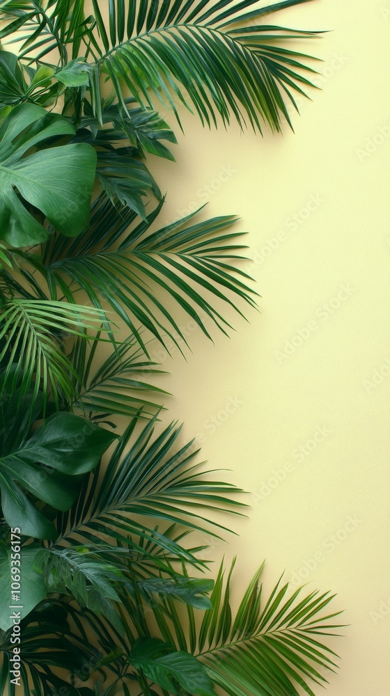 Green palm leaves casting shadows on a soft yellow wall in a bright indoor setting Green palm leaves casting shadows on a soft yellow wall in a bright indoor setting