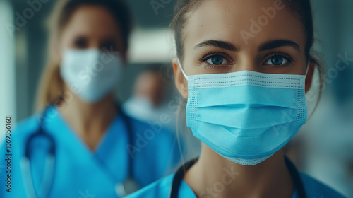 Healthcare Workers in Action � Doctors and nurses wearing masks, emphasizing pneumonia awareness and prevention, World Pneumonia Day,