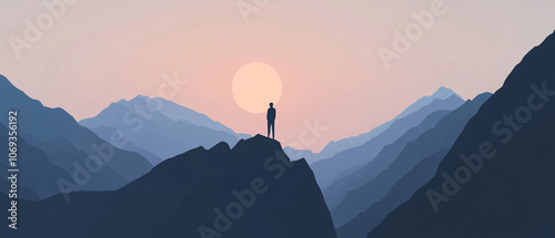 Solitary Figure Standing on Mountain Peak at Sunset photo