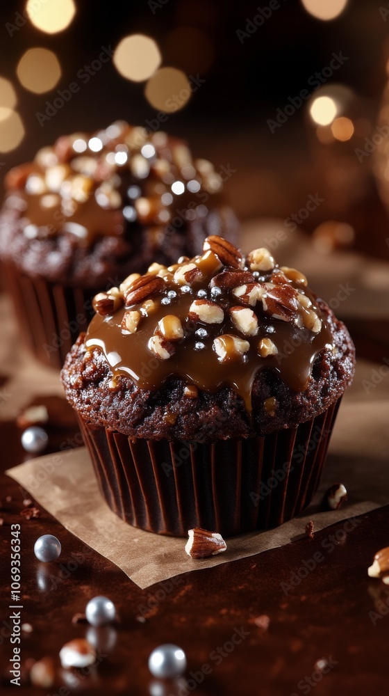 Delicious chocolate muffins topped with caramel and nuts, elegantly arranged on a dark surface Delicious chocolate muffins topped with caramel and nuts, elegantly arranged on a dark surface