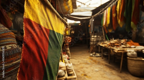 The Kannada flag displayed at a local market, surrounded by traditional crafts and vibrant colors, capturing the essence of culture photo