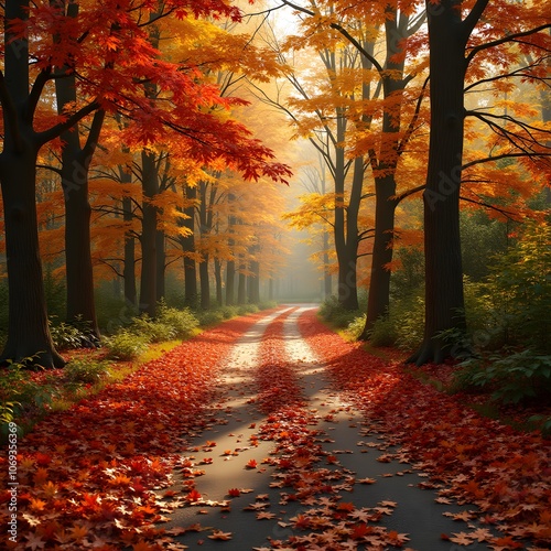 Autumn forest pathway with colorful foliage photo