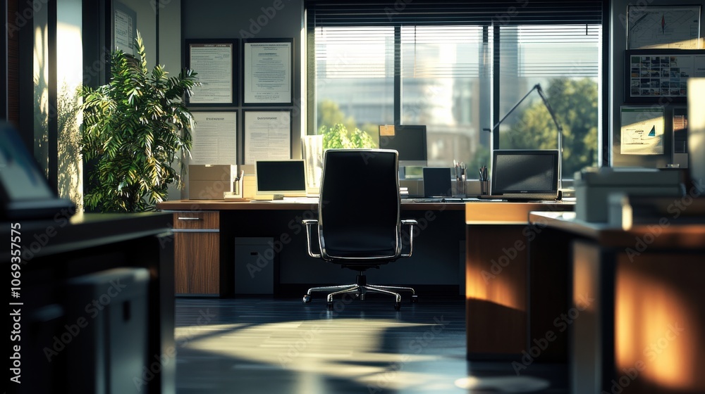 Fototapeta premium Office Space with Multiple Desks, White and Wood Accents, and Eames-Style Chair