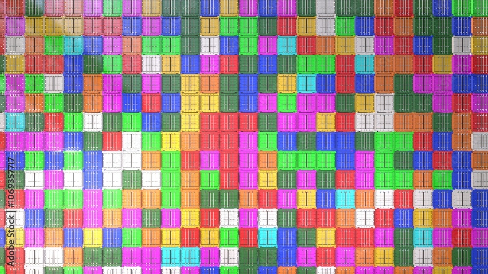 many colorful shipping containers stacking very high as facade flat view. many colorful shipping containers stacking very high as facade flat view.