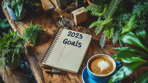 2025 Resolution List � Stylish flat lay with a journal titled "2025 Goals" surrounded by plants, coffee, and inspiring quotes,