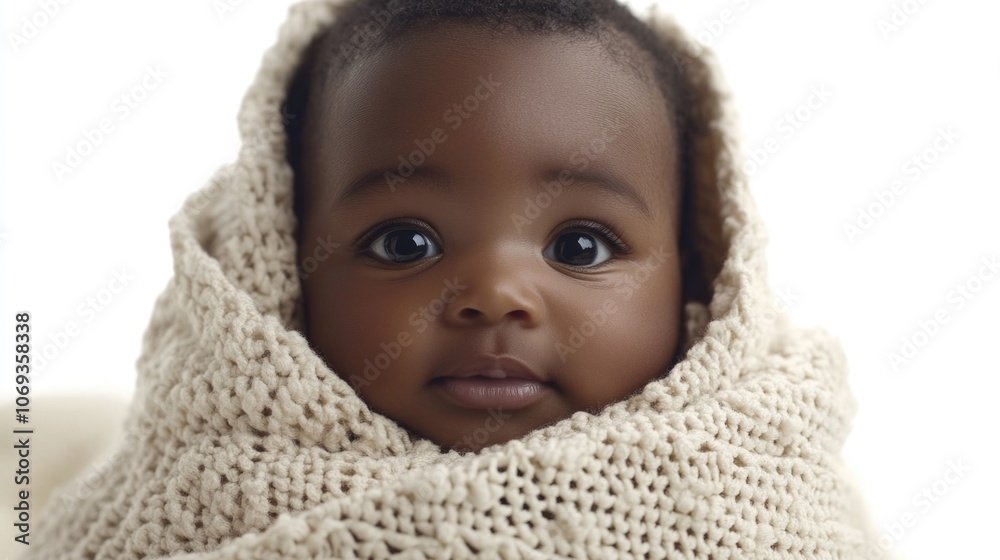 A baby snugly wrapped in a blanket looking straight into the camera A baby snugly wrapped in a blanket looking straight into the camera