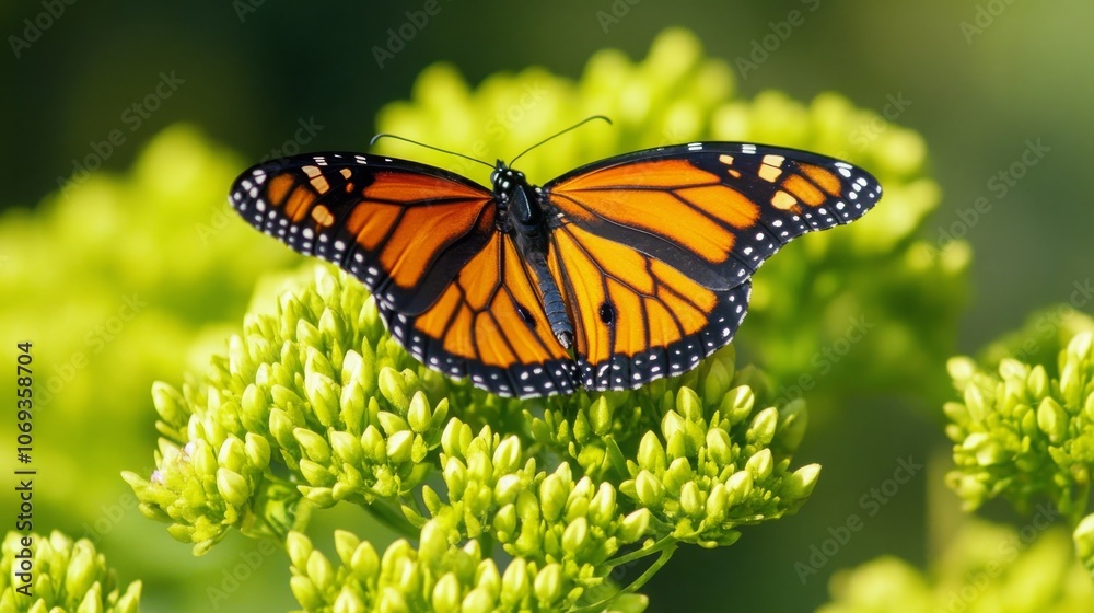 Obraz premium Butterfly resting on a vibrant green flower, nature-inspired close-up. 