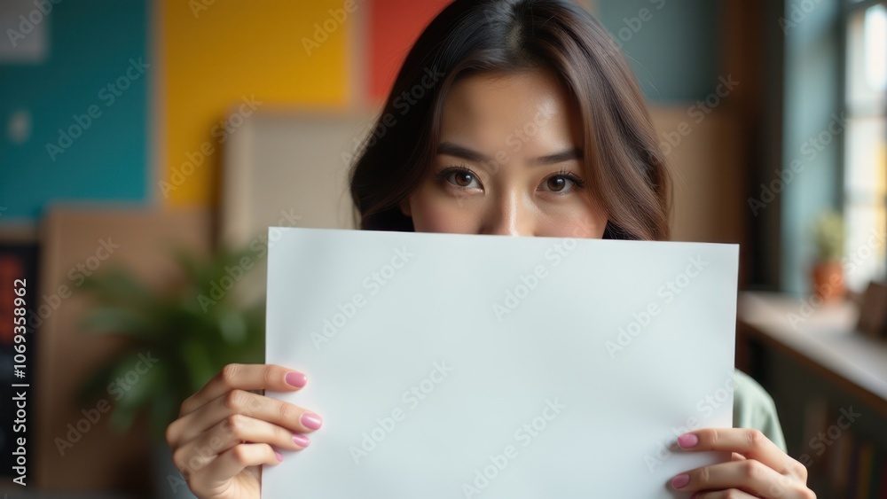 Joyful woman with blank paper in a colorful studio, ideal for adding custom text in a creative, artistic environment filled with inspiration. Joyful woman with blank paper in a colorful studio, ideal for adding custom text in a creative, artistic environment filled with inspiration.