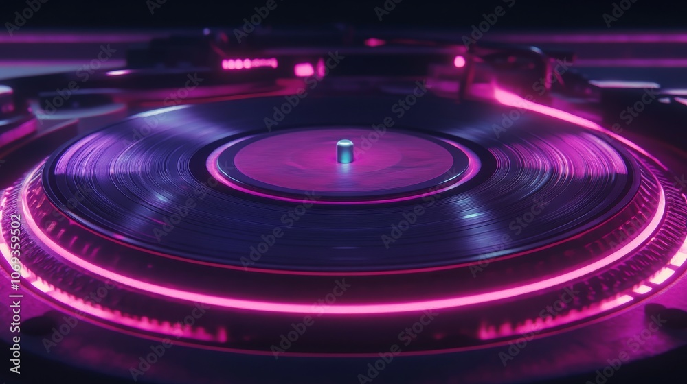 Cinemagraph loop of a vinyl record spinning with neon lights; retro vibe Cinemagraph loop of a vinyl record spinning with neon lights; retro vibe
