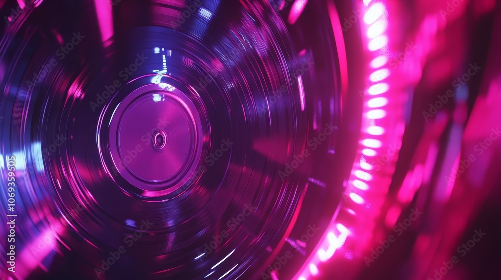 Cinemagraph loop of a vinyl record spinning with neon lights; retro vibe Cinemagraph loop of a vinyl record spinning with neon lights; retro vibe