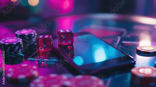 Mobile phone and casino dice with poker chips. Online mobile Casino AI generated image photo