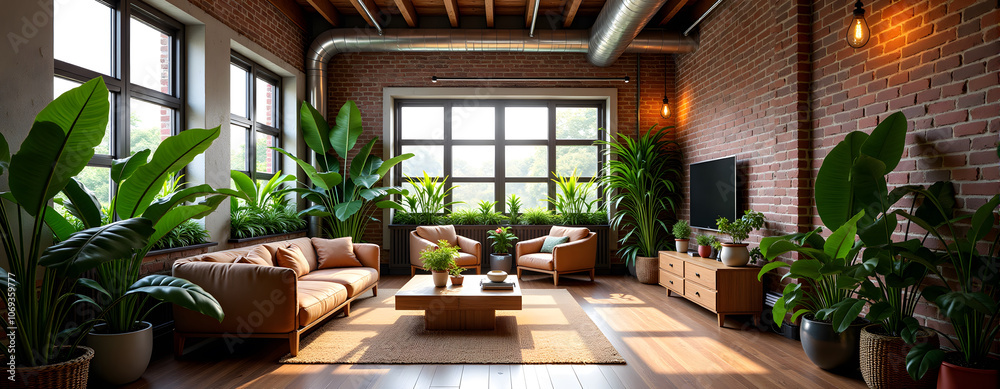 Fototapeta premium Modern loft living room with abundant greenery and natural light