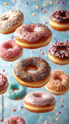 Assorted donuts floating against a light background with colorful sprinkles and toppings