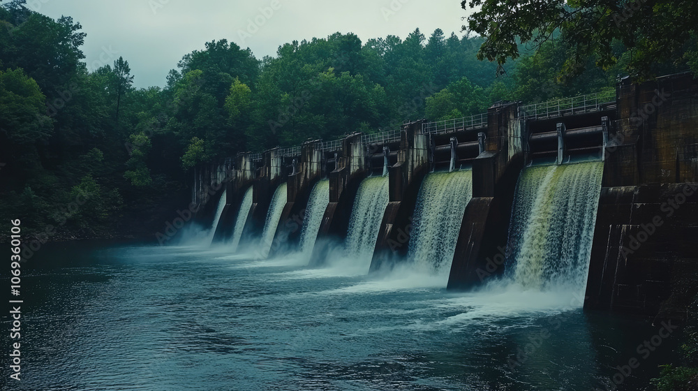Serene view of a dam releasing water surrounded by lush greenery Serene view of a dam releasing water surrounded by lush greenery