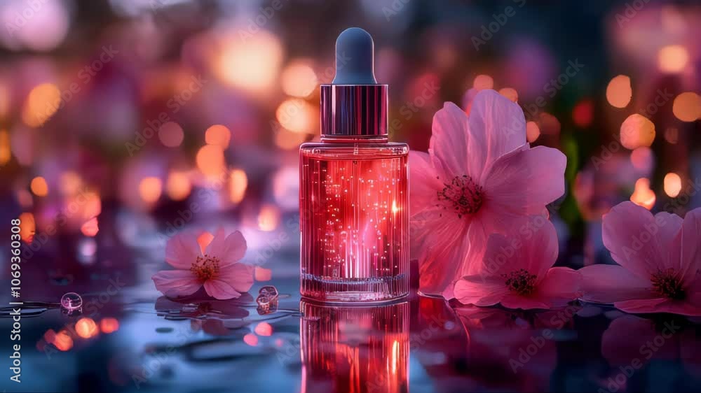 Luxurious skincare serum bottle illuminated with sparkling bokeh effects Luxurious skincare serum bottle illuminated with sparkling bokeh effects