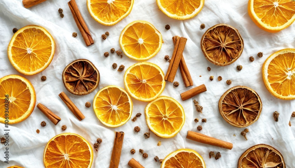 Dried oranges and cinnamon sticks against white fabric - scents and coziness. Dried oranges and cinnamon sticks against white fabric - scents and coziness.