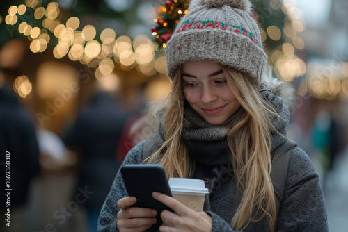 Young woman smiles while strolling through a snowy city