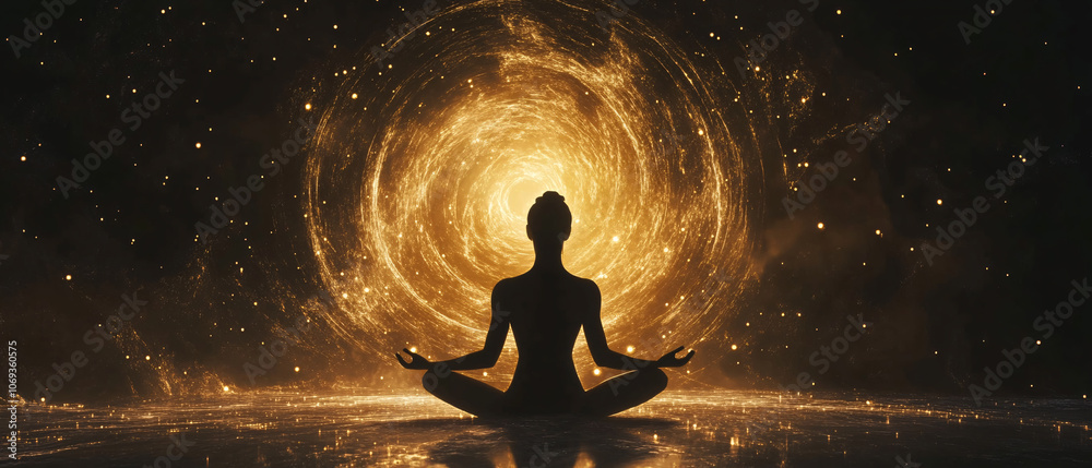 Silhouette of a Woman Meditating in Front of a Golden Spiral Galaxy, Silhouette of a Woman Meditating in Front of a Golden Spiral Gal Silhouette of a Woman Meditating in Front of a Golden Spiral Galaxy, Silhouette of a Woman Meditating in Front of a Golden Spiral Gal