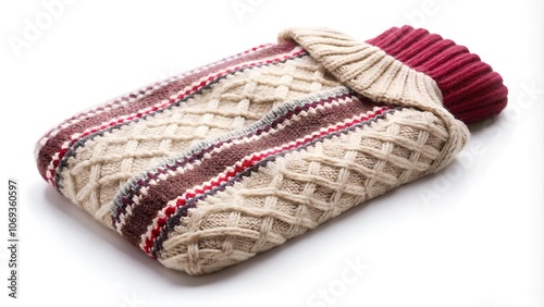 Hot water bottle in a cozy knitted cover on a white background.