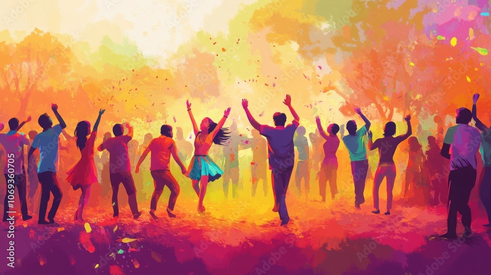 Holi festival scene with people dancing and celebrating; colorful, vibrant background. Holi festival scene with people dancing and celebrating; colorful, vibrant background.